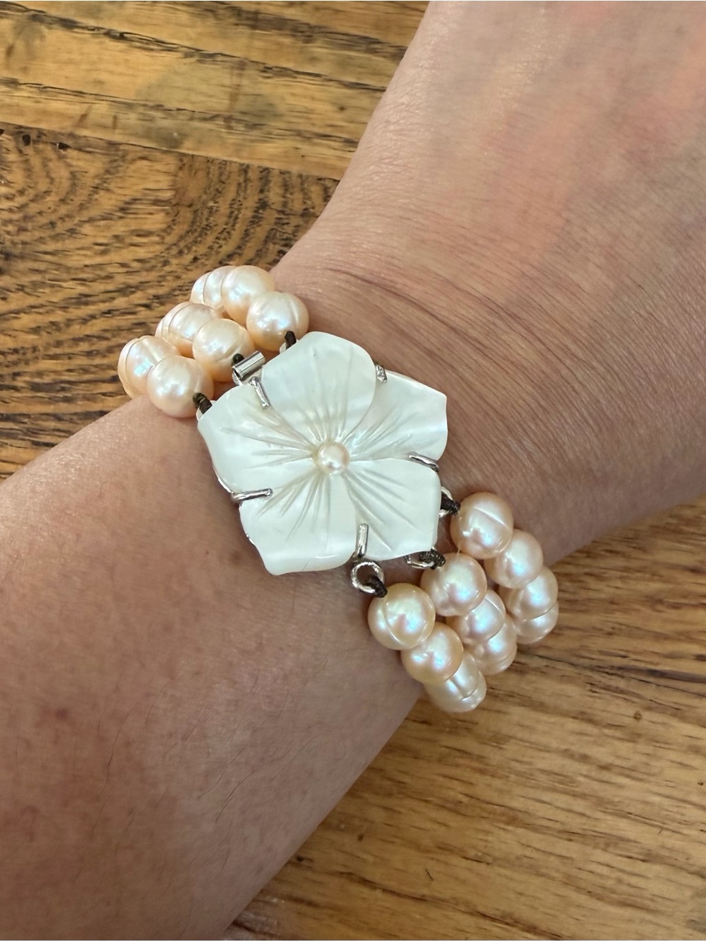 Cultured Pearl Triple-Strand Bracelet with Carved Mother-of-Pearl Flower